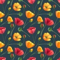 Watercolor seamless pattern with poppies, buttercups and leaves