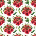 Watercolor seamless pattern with poppies and leaves Royalty Free Stock Photo