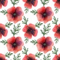 Watercolor seamless pattern poppy flowers and leaves Royalty Free Stock Photo