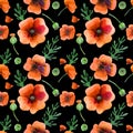 Watercolor seamless pattern poppy flowers and leaves Royalty Free Stock Photo