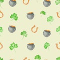 Watercolor seamless pattern with pots, clover, horseshoes on beige background for St. Patrick Day. Royalty Free Stock Photo