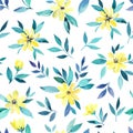 Watercolor seamless pattern with pretty delicate yellow flowers. Vector illustration