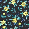 Watercolor seamless pattern with pretty delicate yellow flowers. Vector illustration