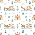 Watercolor seamless pattern with princess castle, carriage, horse, trees, grass on white background