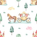 Watercolor seamless pattern with princess castle, carriage, horse, trees, grass on white background