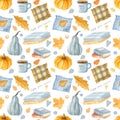 Watercolor seamless pattern with pumpkin,autumn cozy blanket, books and cup of coffee. Chekered fall plaid and orange flowers. Royalty Free Stock Photo