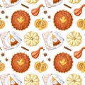 Watercolor seamless pattern with pumpkin pie, pumpkin, plate, fork and napkin Royalty Free Stock Photo