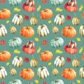 Watercolor seamless pattern with pumpkins and autumn leaves.