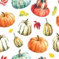 Watercolor seamless pattern with pumpkins and autumn leaves.