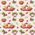 Watercolor seamless pattern with pumpkins, Brier leaves and berries. Autumn illustration isolated on light backround