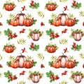 Watercolor seamless pattern with pumpkins, Brier leaves and berries. Autumn illustration isolated on white