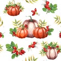 Watercolor seamless pattern with pumpkins, Brier leaves and berries. Autumn illustration isolated on white