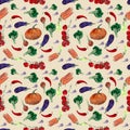 Watercolor seamless pattern with pumpkins, cherry tomatoes, eggplant, broccoli, chili peppers, carrots and garlic. Royalty Free Stock Photo