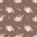 Watercolor seamless pattern of pumpkins with fall leaves and ears of wheat, dill flowers. Thanksgiving Day illustration. Royalty Free Stock Photo