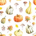 Watercolor seamless pattern with pumpkins, mushrooms and autumn leaves.