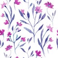 Watercolor seamless pattern with purple flowers. Hand drawing floral background. Vector EPS Royalty Free Stock Photo