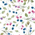 Watercolor seamless pattern with purple, pink, blue berries, green leaves, branches. Hand drawing Royalty Free Stock Photo