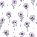 Watercolor seamless pattern of purple violet lavender anemone buttercup flowers leaves. Spring floral soft neutral nature design Royalty Free Stock Photo