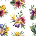 Watercolor seamless pattern with purple, yellow and blue iris and tropical flower and green leaves Royalty Free Stock Photo