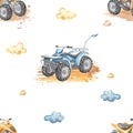 Watercolor seamless pattern with quad bike, clouds, on sand, mud, childish print Royalty Free Stock Photo