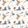 Watercolor seamless pattern with rabbit characters. Kids celebration with gifts, bunnies, stars. Party animals. Happy birthday. Royalty Free Stock Photo