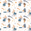 Watercolor seamless pattern with rabbit characters. Kids celebration with gifts, bunnies, stars. Party animals. Happy birthday. Royalty Free Stock Photo