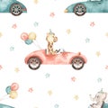Watercolor seamless pattern with racing cars, elephant, giraffe, stars, birthday on white background