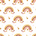 Watercolor seamless pattern with rainbows, flowers and little ducks on white.