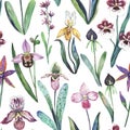 Watercolor seamless pattern with rare tropical orchid flowers. Hand-drawn illustration for fashion and design