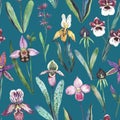 Watercolor seamless pattern with rare tropical orchid flowers. Hand-drawn illustration for fashion and design