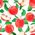 Watercolor seamless pattern with red apples. Fruit background. Suitable for fabric, packaging. Royalty Free Stock Photo