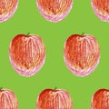 Watercolor seamless pattern with red apples, bananas, pears, cherries bright fruits full isolated on background. Summer, harvest, Royalty Free Stock Photo