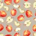 Watercolor seamless pattern with red apples, slices on brown paper background. Hand drawn and painted. Cosy autumn mood Royalty Free Stock Photo