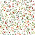 Watercolor seamless pattern with red berries, green leaves, branches. Hand drawing Royalty Free Stock Photo