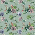 Watercolor seamless pattern with red berries and succulent bouquet. Hand painted flowers, branch and hypericum isolated