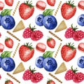 Watercolor Seamless pattern. Red Blue Sweet deserts with Cream and biscuit, waffle, berries, fruits, macaron. Hand drawn