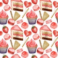 Watercolor Seamless pattern. Red Blue Sweet deserts with Cream and biscuit, waffle, cake, cupcake, berries. Hand drawn