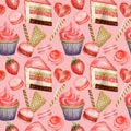 Watercolor Seamless pattern. Red Blue Sweet deserts with Cream and biscuit, waffle, cake, cupcake, berries. Hand drawn