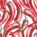 Watercolor seamless pattern of red chili peppers