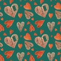 Watercolor seamless pattern with red hearts, old rusty key, vintage romantic rusric wedding decor, green background Royalty Free Stock Photo