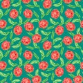 Watercolor seamless pattern with red peony flowers and leaves. Hand painted floral elements on green emerald background Royalty Free Stock Photo