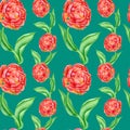 Watercolor seamless pattern with red peony flowers and leaves. Hand painted floral elements on green emerald background Royalty Free Stock Photo