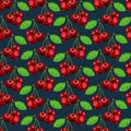 Watercolor seamless pattern of red ripe cherries with green leaf.Hand drawn elements on blue background Royalty Free Stock Photo