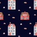 Watercolor seamless pattern with red roofed houses, balcony, pebbles. Isolated clipart on dark background. Illustration