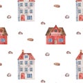 Watercolor seamless pattern with red roofed houses, balcony, pebbles. Isolated clipart on white background. Illustration