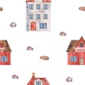 Watercolor seamless pattern with red roofed houses, balcony, pebbles. Isolated clipart on white background. Illustration