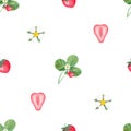 Watercolor seamless pattern with red strawberries, leaves and flowers. Food illustration with whole and half strawberry Royalty Free Stock Photo