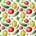 Watercolor seamless pattern with red tomato, pepper, cucumber and greenery on the white background. Watercolor
