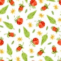 Watercolor wild strawberry, leaves and yellow flowers seamless pattern Royalty Free Stock Photo