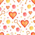 Watercolor seamless pattern with red and yellow elements.Heart lock,key,spots,polka dot. Wedding background. Watercolor texture Royalty Free Stock Photo